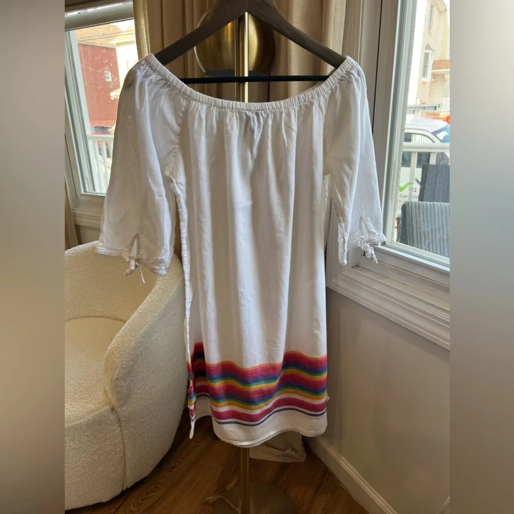 J Crew Linen Midi Dress White Rainbow Stripe | Large - Picture 6 of 10